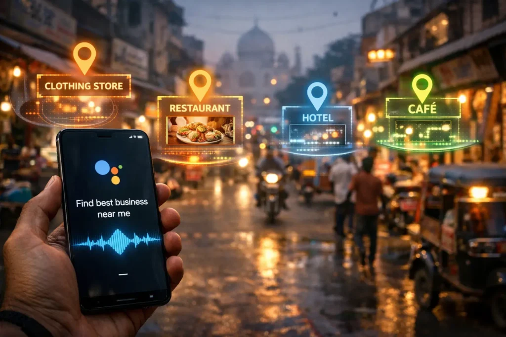 Voice search showing nearby local businesses on a smartphone using Google Assistant in 2026